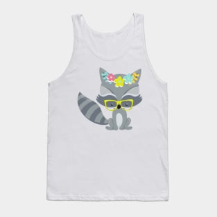 Hipster Raccoon, Raccoon With Glasses, Flowers Tank Top